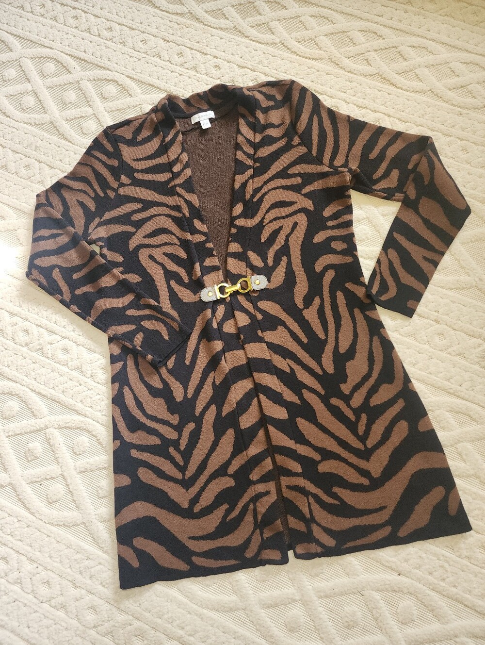 L Brown & Black Zebra Print Cardigan with Gold Buckle